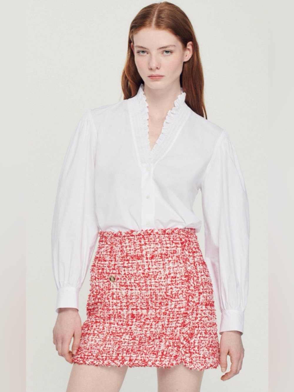 Sandro ($368) Red & White Tweed Skirt with Metallic Thread - Picture 2 of 9